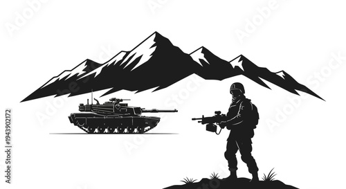 Silhouette of Soldier and Tank in Mountains, Military Combat Scene