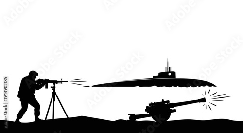 Silhouette of soldier firing machine gun and cannon attacking submarine