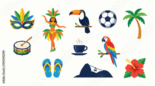A vibrant collection of Brazilian cultural symbols and iconic imagery, including carnival masks, dancers, tropical animals, and famous landmarks.