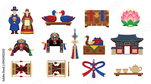 A collection of traditional Korean cultural symbols and objects, including clothing, animals, and architectural elements, presented in a flat design style.