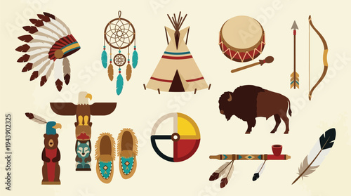 A collection of Native American cultural symbols and artifacts, including a headdress, dreamcatcher, teepee, drum, and buffalo.