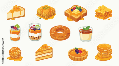 A vibrant collection of sweet honey-glazed desserts and treats, showcasing a variety of textures and flavors.