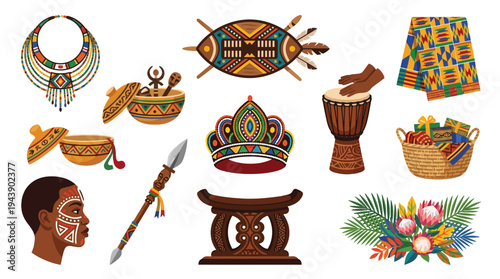 Vibrant collection of traditional African cultural artifacts, including jewelry, masks, drums, and textiles, showcasing rich heritage.