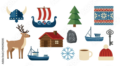 Collection of Scandinavian-themed illustrations including a Viking helmet, longship, reindeer, log cabin, and winter motifs.