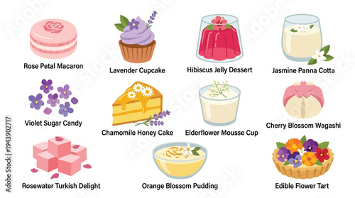 A delightful assortment of floral-inspired desserts, including macarons, cupcakes, jellies, cakes, and tarts, each beautifully decorated and presented.