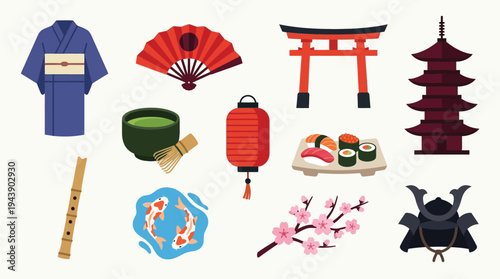 A collection of traditional Japanese cultural symbols and items, including a kimono, fan, torii gate, pagoda, sushi, and cherry blossoms.