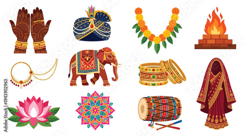 Vibrant collection of Indian wedding symbols and cultural elements, including henna hands, elephant, and traditional attire.
