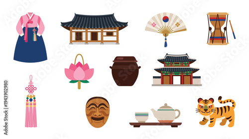 A vibrant collection of traditional Korean cultural symbols and elements, including clothing, architecture, and decorative items.