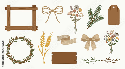 A collection of rustic, natural, and handcrafted decorative elements, including wooden frames, bows, floral arrangements, and natural materials.