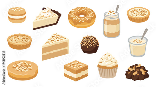 A delightful assortment of sweet baked goods and desserts, featuring pies, cakes, donuts, cupcakes, and creamy beverages, all adorned with a light brown topping.