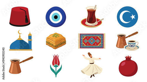 A collection of iconic Turkish cultural symbols, including a fez, evil eye, tea glass, Turkish flag, mosque, baklava, rug, cezve, tulip, dervish, and pomegranate.