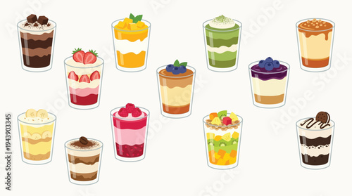 A delightful collection of various layered desserts in clear glasses, showcasing a variety of fruits, creams, and chocolate.