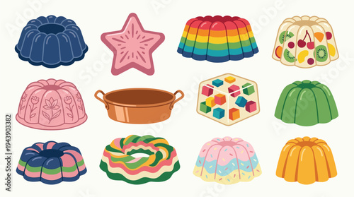 A vibrant collection of assorted gelatin desserts and molds in various shapes and colors, presented in a grid layout.