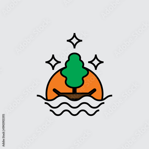 sunset symbol between boat tree sea and stars.eps