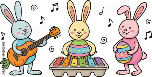 Three cartoon bunnies playing music with instruments in a colorful scene