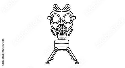 Gas Mask on Tripod, Protection Equipment, Military Style, Black and White Line Art