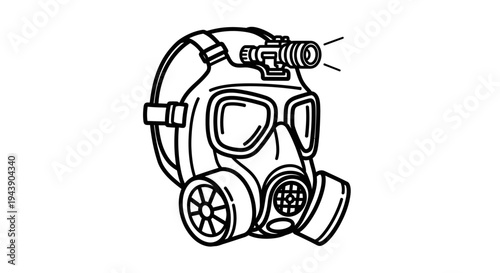 Gas Mask with Night Vision Goggles and Light - Black and White Line Art