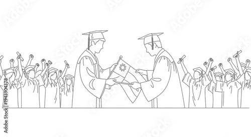 Graduation ceremony, students in caps and gowns holding flags, crowd cheering