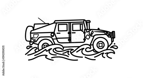 Humvee Driving Through Water, Military Vehicle, Off-Road Adventure, Line Art