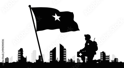 Silhouette of Soldier with Medical Kit and Flag in Ruined City