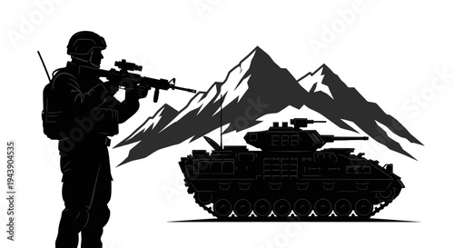 Silhouette of Soldier with Rifle and Armored Vehicle Before Mountains