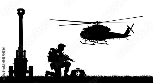 Silhouette of soldier with rifle and helicopter near artillery gun on white background