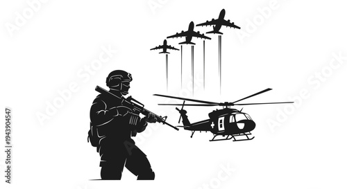 Silhouette of Soldier with Rifle, Helicopter, and Fighter Jets Flying