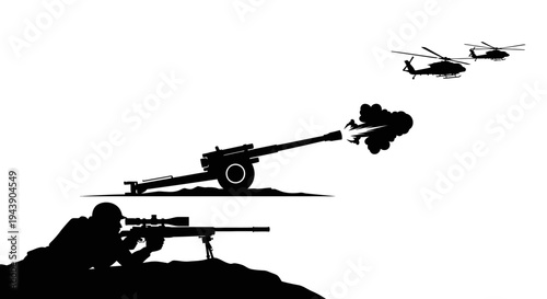 Silhouette of Soldier with Sniper Rifle, Artillery Firing, and Helicopters in Combat