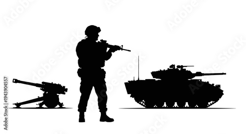 Silhouette of Soldier, Tank, and Artillery Gun on White Background