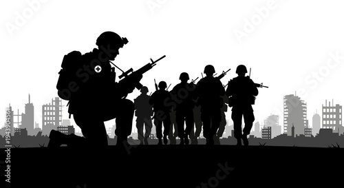 Silhouette of soldiers advancing through a destroyed city, symbolizing war and conflict.