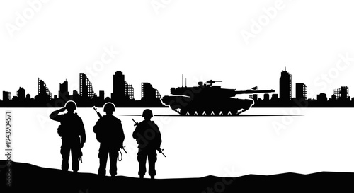 Silhouette of Soldiers and Tank in Front of City Skyline