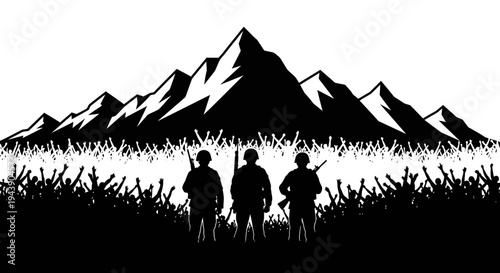Silhouette of Soldiers Standing Guard in Front of Majestic Mountains and Waving Crowd