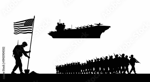 Silhouette of Soldiers Raising American Flag with Aircraft Carrier and Marching Troops