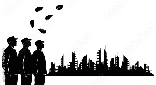 Silhouette of workers looking at a destroyed city skyline with debris falling