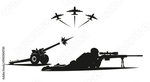 Sniper Aiming, Artillery Firing, Jets Flying: Military Combat Scene Silhouette