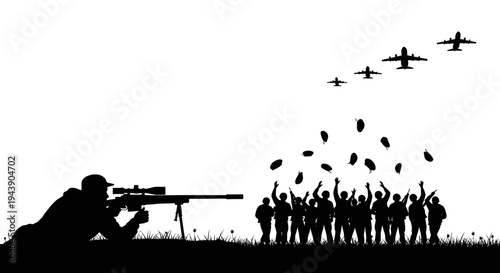 Sniper Aims at Crowd Cheering Falling Bombs Dropped from Airplanes
