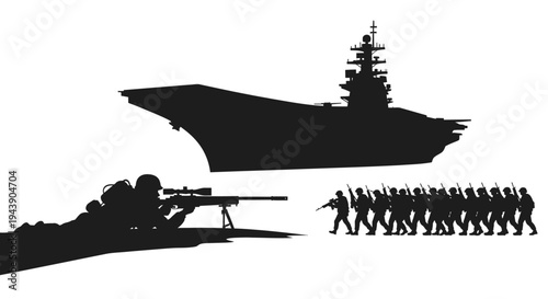 Sniper Aims at Marching Soldiers Near Aircraft Carrier Silhouette