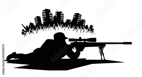 Sniper Silhouette Aiming at Destroyed Cityscape with Crowd Silhouette