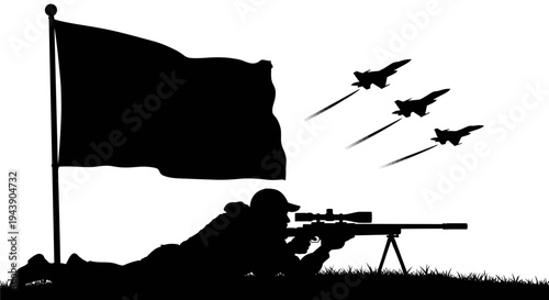 Sniper Aims Rifle Under Black Flag, Fighter Jets Fly Past Silhouette