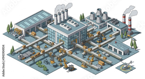 Industrial Factory Complex With Buildings.