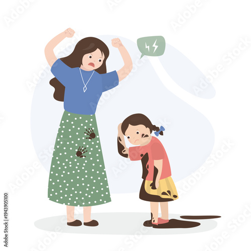 Unhappy mother yells and scolds girl. Child got very dirty while playing and having fun. Dirt on clothes and body. Disobedience, bad behavior of children