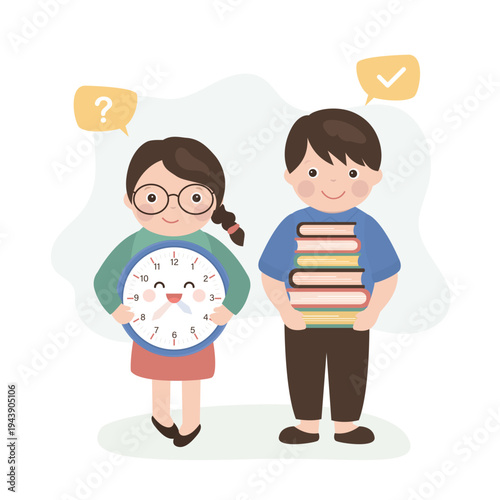 Cute girl holding a watch, smart boy with a stack of books in his hands. Schedule, daily routine, studying. Friends, classmates, two small students. Education, learning process.