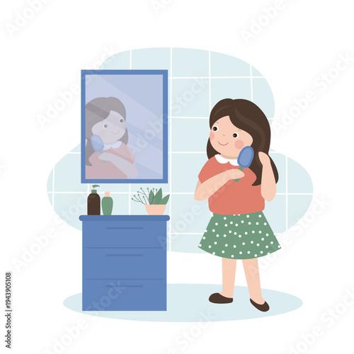 Young caucasian girl stands in front of mirror in bathroom, happily brushing her long hair. Daily morning hygiene routine and self-care for children. Cute kid in bathroom. flat vector illustration