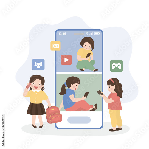 Female kids characters talking, chatting, sharing over video conference. Mobile phone messaging app. Modern people social network online discussion.