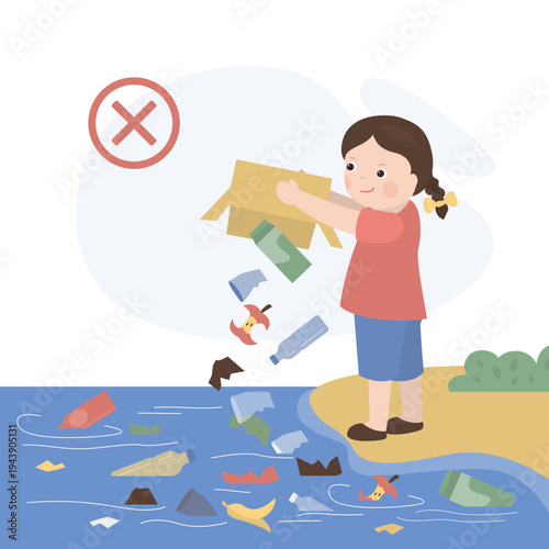 Little kid with bad behavior do littering. Bad habit, bully girl littering into ocean. Plastic bottle and other garbage on seashore and in water. Pollution concept