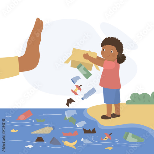 Little kid with bad behavior do littering. Bad habit, bully girl littering into ocean. Human hand gesturing - stop. Plastic bottles and other garbage in water. Pollution concept.