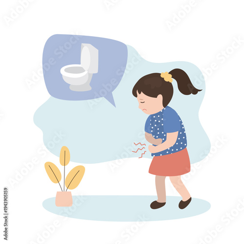 Unhappy girl with stomach pains needs to go to bathroom and thinks about toilet. Female kid character with stomach problems, child isolated on white background.