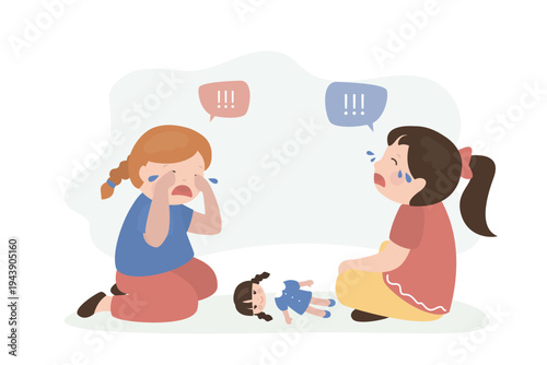 Unhappy children cries sadly and whines in a bad mood. Crying girls sobs in tears over a broken doll. Friends or sisters playing toys. Childhood problem, negative emotions.