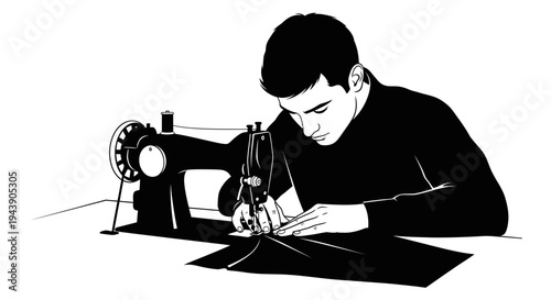 Tailor Sewing with Sewing Machine Silhouette Fashion Designer Workshop Illustration