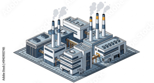 Industrial Factory Complex With Smokestacks.
